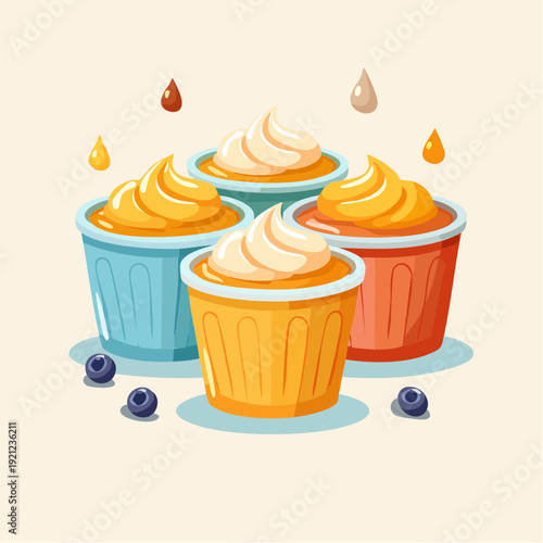 Colorful illustration of sweet cupcakes with creamy frosting and fresh blueberries, a delightful dessert
