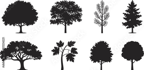 Collection of diverse tree silhouettes isolated on white background, forest nature elements for landscape design and graphic resources vector illustration