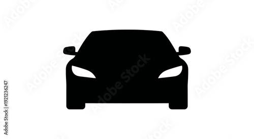 minimalist front view car silhouette with bright luminous headlights on white symbolizing modern transport and automotive design ideal for icons and branding.