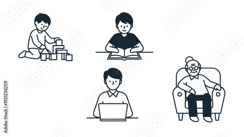 minimalist line art icons diverse generations engaged in playing learning working relaxing depicting human life stages and daily routines.