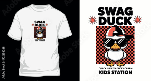 Swag duck kids station cool t-shirt design with a duck wearing a cap and sunglasses, quack up with ducky charm kids station street style fashion graphic tee