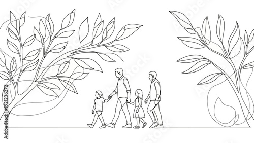minimalist line art of family walking hand in hand through nature symbolizing togetherness support growth and a shared journey.