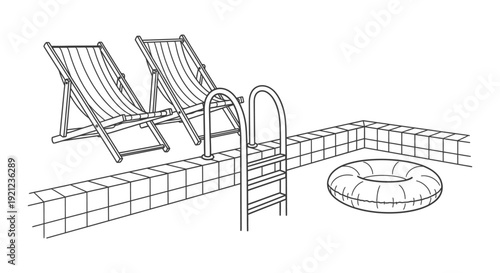 minimalist vector line art of a swimming pool with deck chairs ladder and swim ring perfect for summer relaxation concepts.