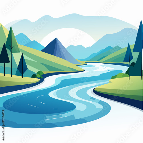 Serene Mountain River Landscape with Rolling Hills and Trees