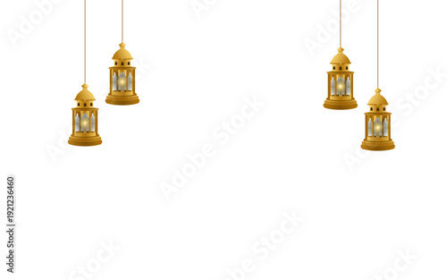 Four golden Islamic fanous lanterns hanging on a white background.
