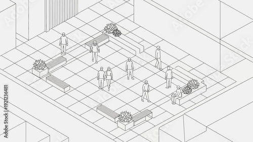 isometric line art people in a city plaza with benches and planters illustrating urban life and public space design concepts.