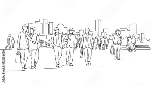 line drawing of diverse people walking on a busy urban street capturing daily metropolitan life against a cityscape background.