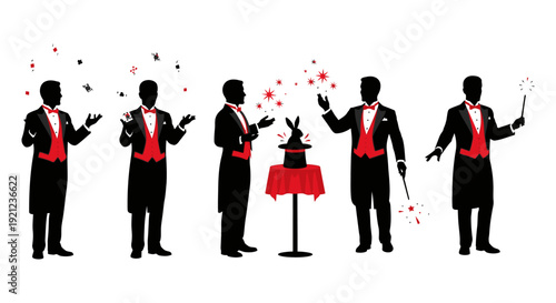 magician silhouettes performing classic magic tricks cards rabbit from hat wands symbolizing illusion showmanship