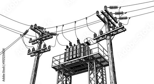 line art of electrical substation with power transformer utility poles and power lines depicting energy grid infrastructure.