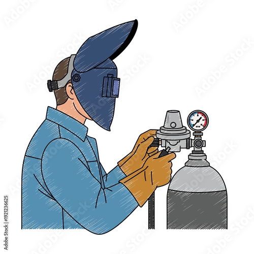 Welder adjusting gas regulator on oxygen cylinder, illustration