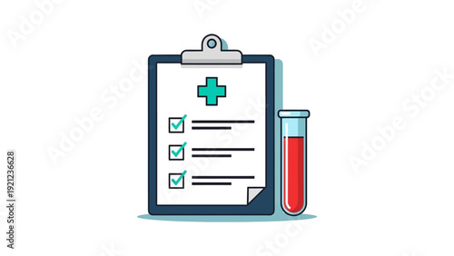 medical health checklist clipboard and blood test tube for diagnostic lab results checkup process and patient care.