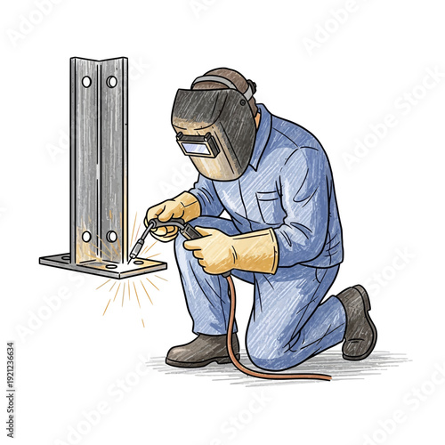 Welder at work, welding metal structure with sparks flying, illustration