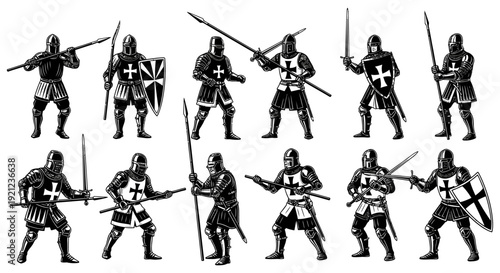medieval crusader templar knights in armor with swords spears and shields vintage black and white illustrations for historical themes.