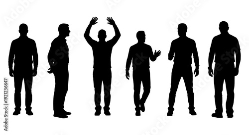 male silhouettes in various standing poses and active gestures on white ideal for graphic design and architectural plans.
