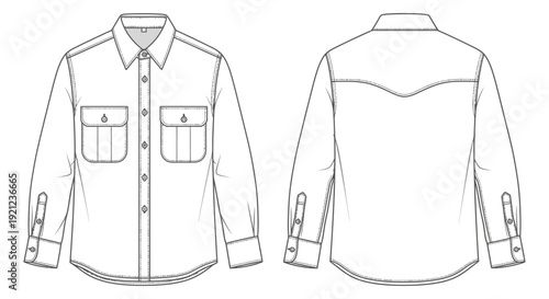mens long sleeve shirt technical flat sketch showcasing front and back views with twin flap pockets and western yokes for fashion design.