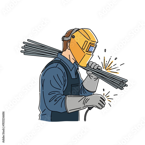 Welder carrying metal rods with sparks, illustration
