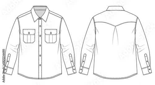mens western shirt flat technical drawing front and back with pointed yokes flap chest pockets and snap buttons.