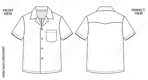 mens short sleeve button up shirt flat technical fashion sketch template front and back views perfect for garment production and clothing design