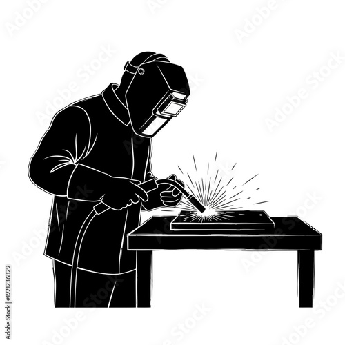 Welder in protective gear working with metal, sparks flying from welding torch.