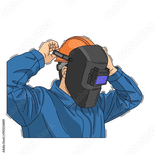 Welder putting on safety helmet and mask
