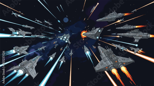 Intense Formation of Futuristic Fighter Jets in a Dynamic Space Battle Scene.