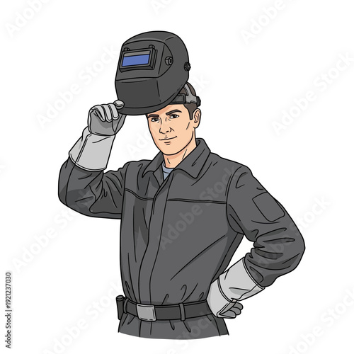 Welder with Protective Gear and Helmet, Ready for Work