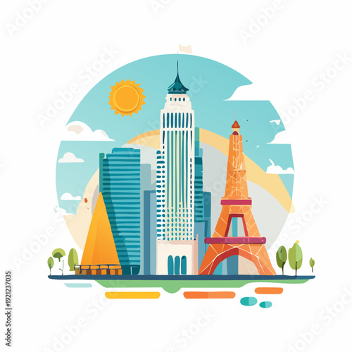 Famous City Landmarks Collection in a Circular Design With Sun and Clouds