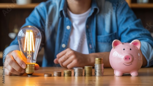 Person holding a glowing LED light bulb next to a pink piggy bank and stacked coins on a table for s