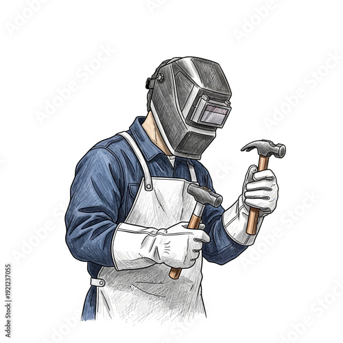 Welder with two hammers, preparing for work
