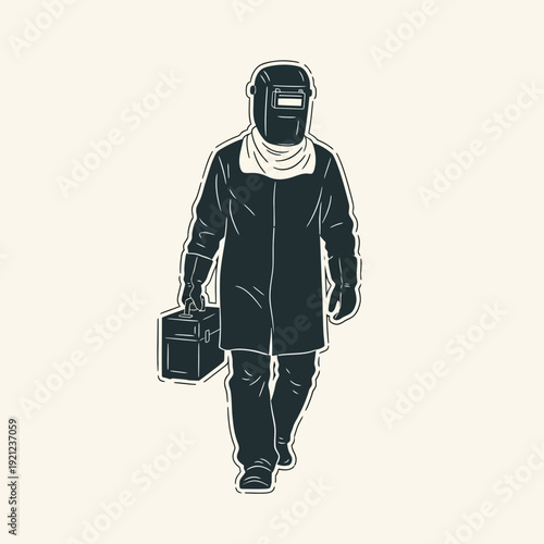 Welder worker in protective gear carrying toolbox walking, industrial illustration