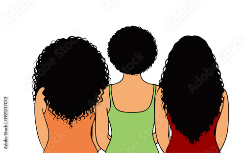 Back view of three diverse women with beautiful natural curly hair.