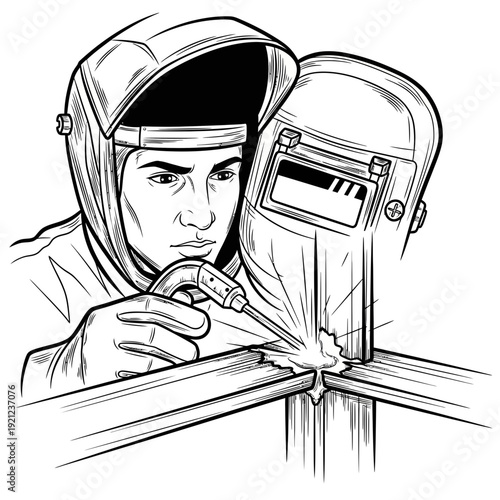 Welder working on metal construction, wearing protective gear, sparks flying