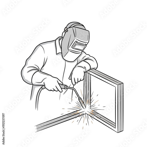 Welder working on metal frame with sparks flying