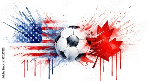 Soccer Ball Between American Flag and Canadian Maple Leaf Splash