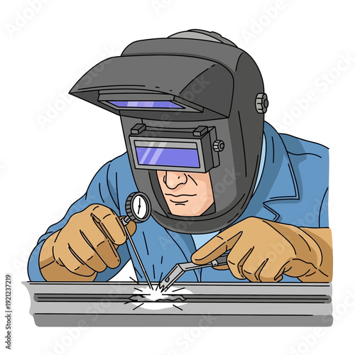 Welder working with protective gear on metal.