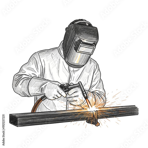 Welder working with metal beam, sparks flying, white background