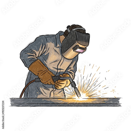 Welder working with sparks on metal beam