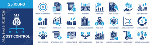 Cost control icon set. Containing return of investment, budgeting, expenses, overhead, forecast, cost analysis, saving and more. Solid vector icons collection.