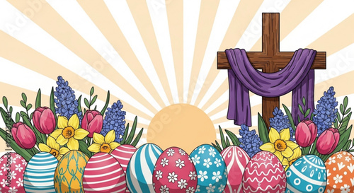 Easter eggs and flowers around a crucifix with purple cloth at sunrise or sunset