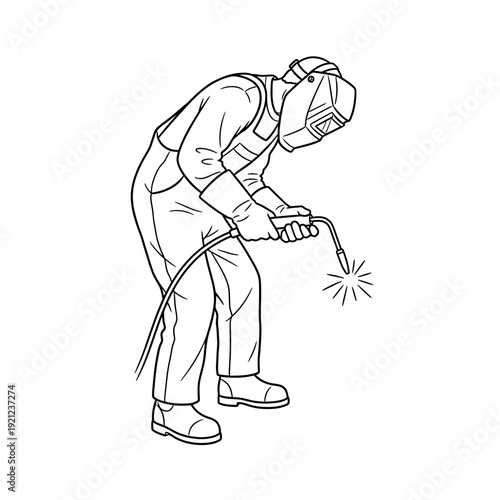 Welder working with welding torch, sparks flying, line art illustration