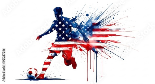 Soccer Player Kicking Ball with Usa Flag Watercolor Splash