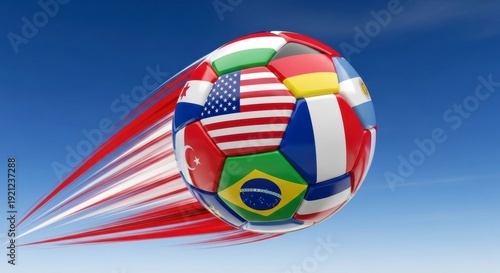 Soccer Ball with International Flags in the Sky