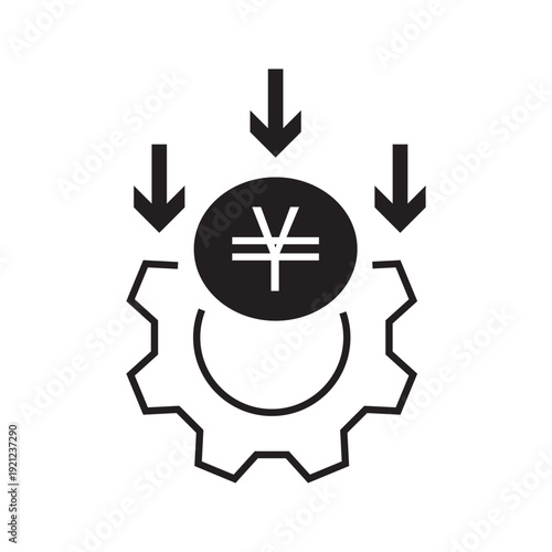Editable stroke vector line icon of financial investment optimization concept featuring currency symbol inside gear with downward arrows. Suitable for banking, finance, fintech, business strategy, sav