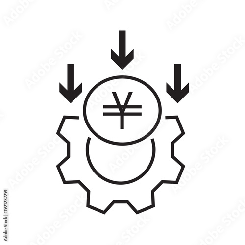 Editable stroke vector line icon of financial investment optimization concept featuring currency symbol inside gear with downward arrows. Suitable for banking, finance, fintech, business strategy, sav