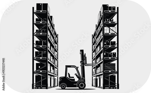 Forklift operating between two tall industrial storage racks