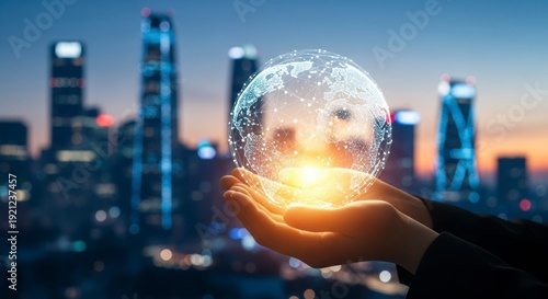 Global Network Connection over City Skyline at Dusk