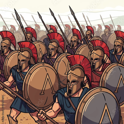 Ancient Greek Hoplites Marching in Formation with Shields and Spears.