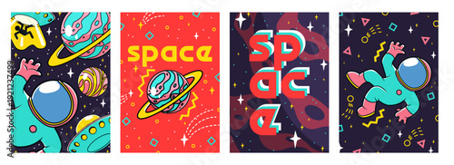 Retro futuristic posters with astronaut in space