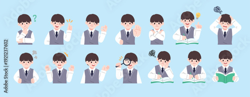 Set of male student characters with various facial expressions and gestures