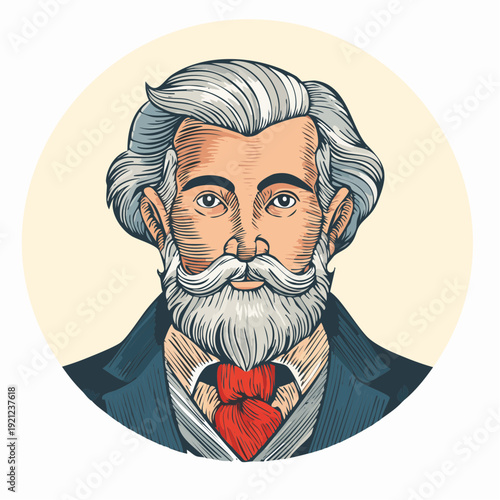 Illustration of a distinguished gentleman with a white mustache and beard
